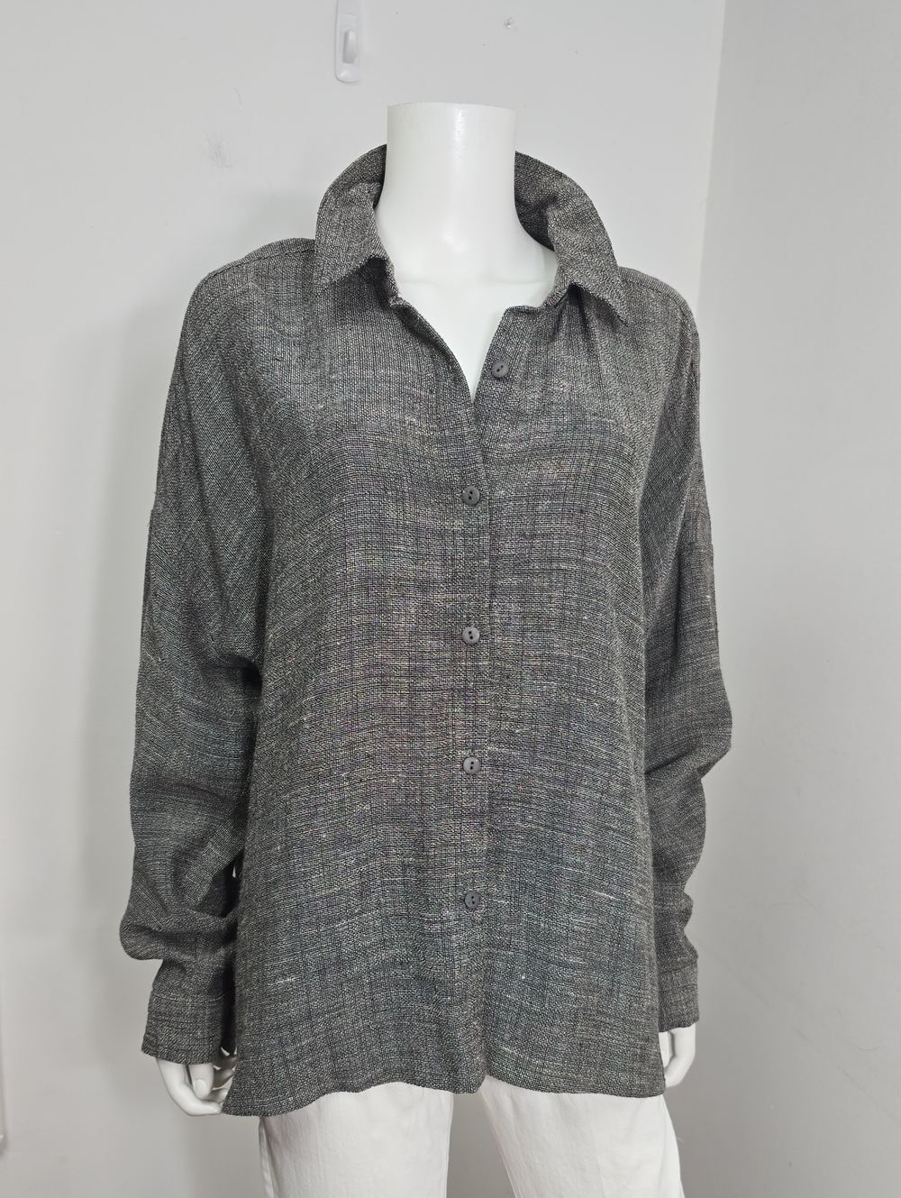 Eileen Fisher Size L Oversized Boxy Shirt Linen Rayon Woven Hopsack Gray NWT